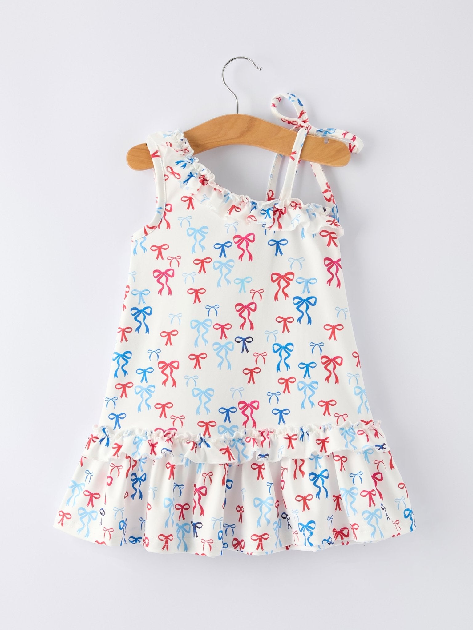 4th of july Bow Print Girls Dress One Shoulder Ruffle - Abbies Place
