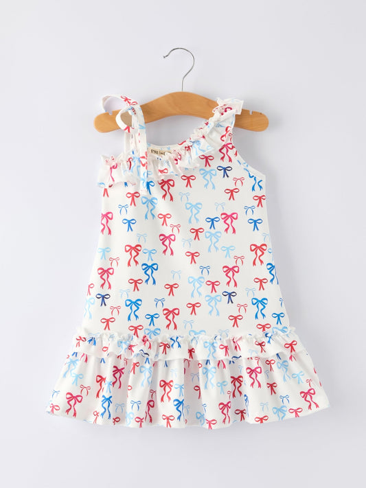 4th of july Bow Print Girls Dress One Shoulder Ruffle - Abbies Place