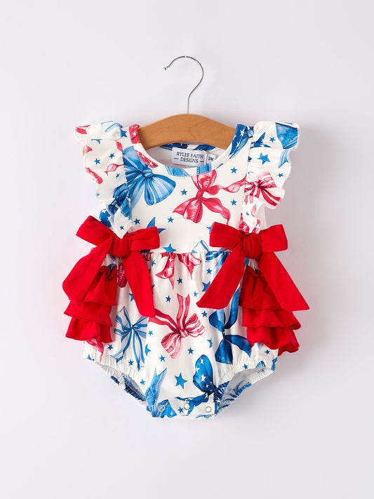 4th of july Bow Print Girls Romper - Abbies Place