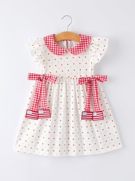 4th of July Dot Girls Dress Bow Ruffle Peter Pan Collar - Abbies Place