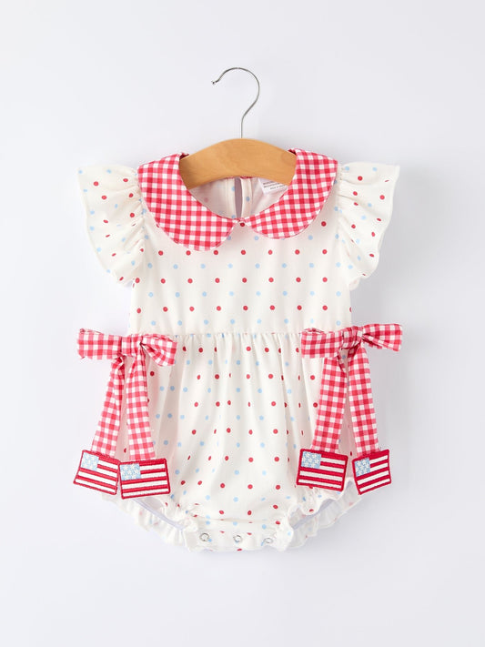 4th of July Dot Girls Romper Bow Ruffle Peter Pan Collar - Abbies Place