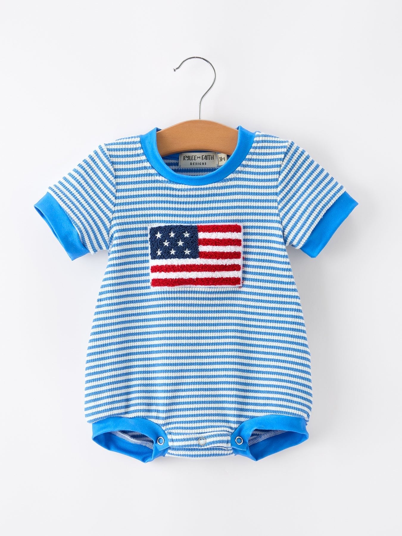 4th of July Flag Chenille Baby Boy Romper Blue Stripe - Abbies Place