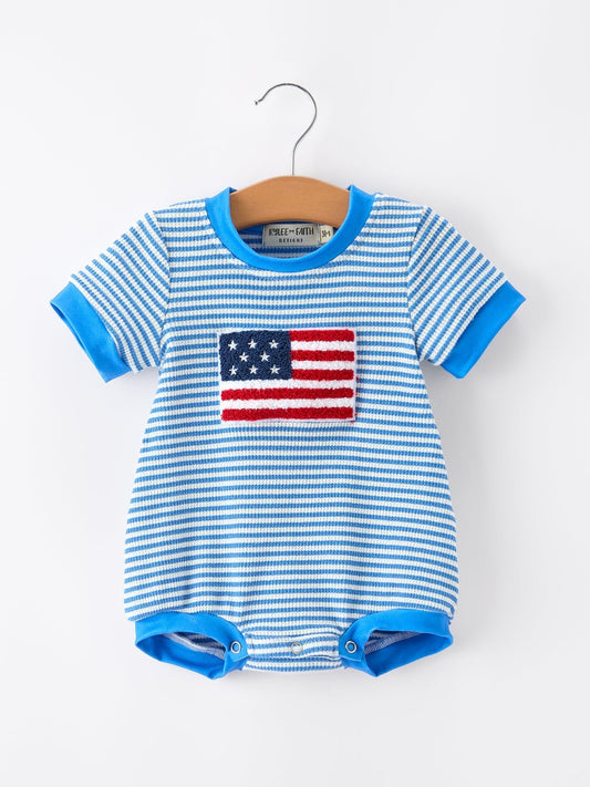 4th of July Flag Chenille Baby Boy Romper Blue Stripe - Abbies Place