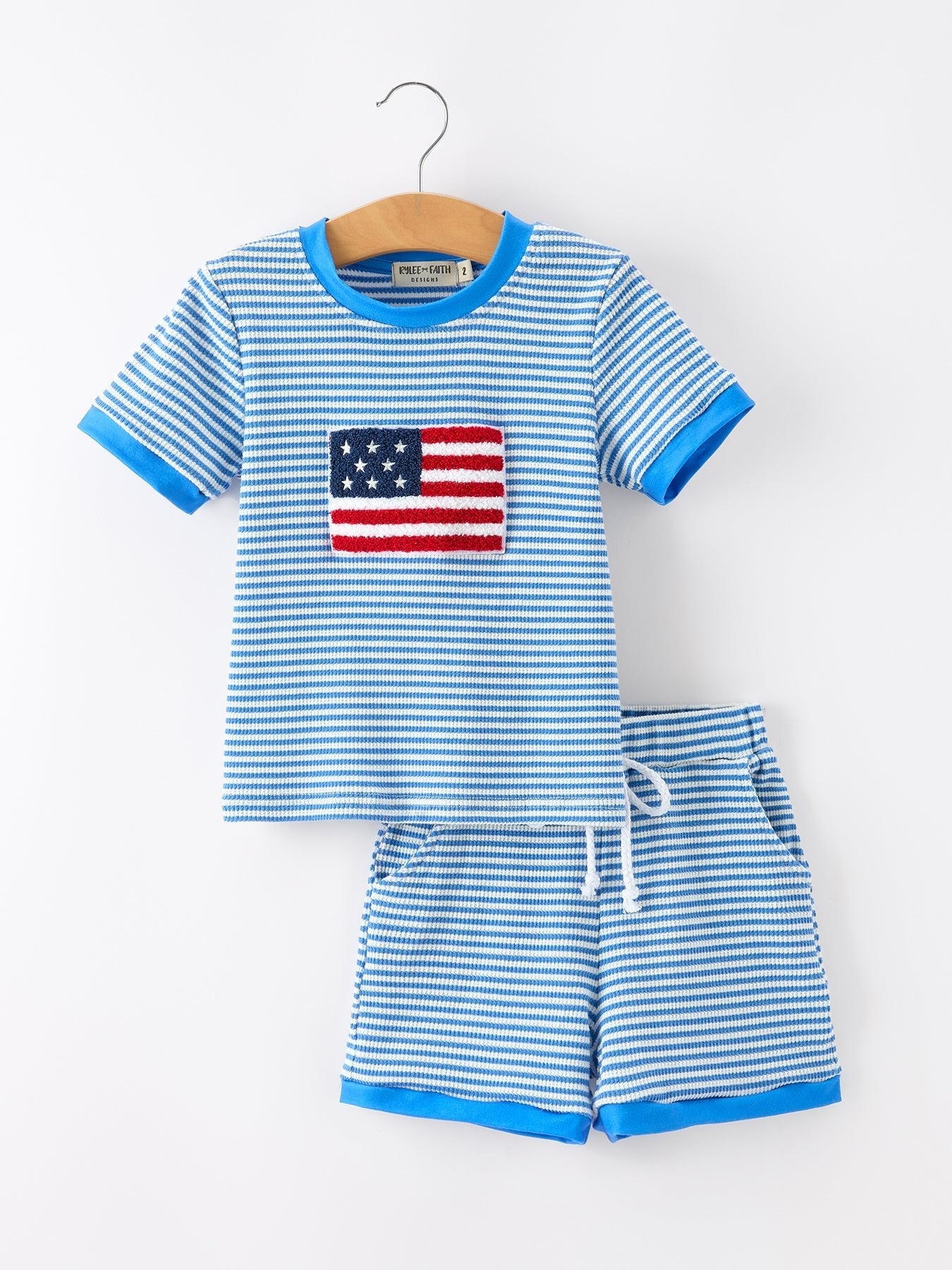 4th of July Flag Chenille Boys Set Blue Stripe Shorts - Abbies Place