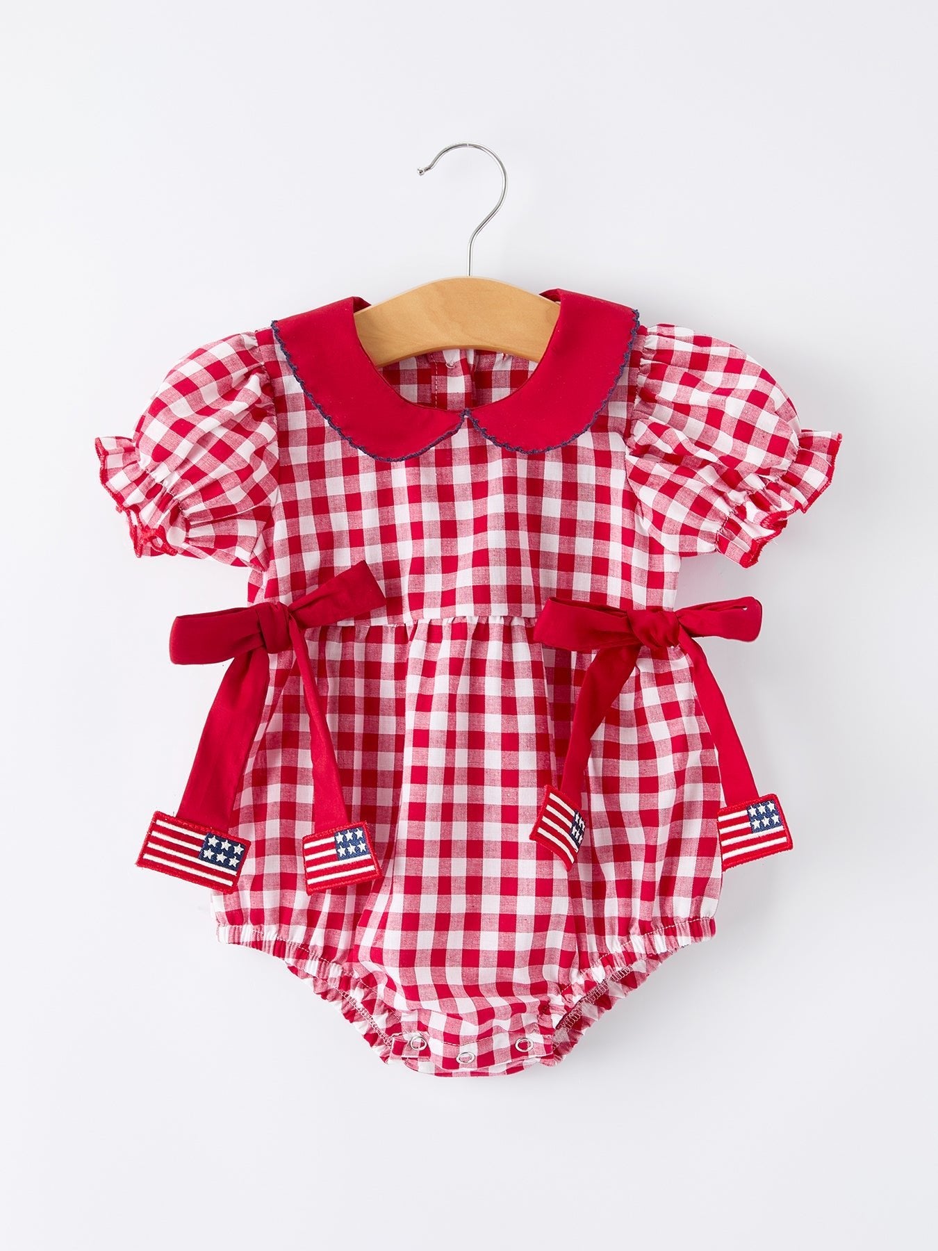 4th of July Flag Plaid Girl Peter Pan Collar Romper Bow - Abbies Place