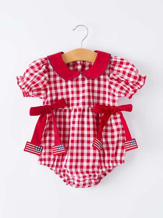 4th of July Flag Plaid Girl Peter Pan Collar Romper Bow - Abbies Place