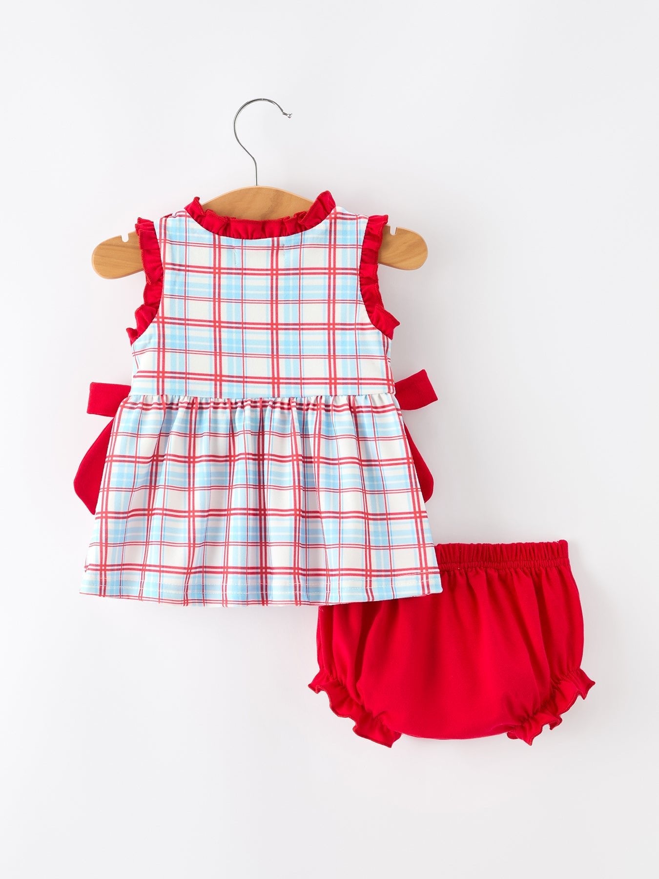 4th of July Plaid Bow Girls Set Smocked Puff Sleeve Top Bloomer - Abbies Place