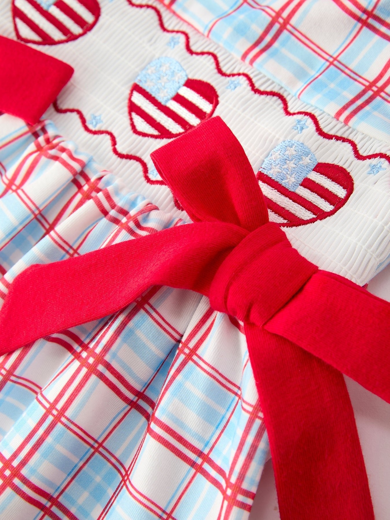 4th of July Plaid Bow Girls Set Smocked Puff Sleeve Top Bloomer - Abbies Place