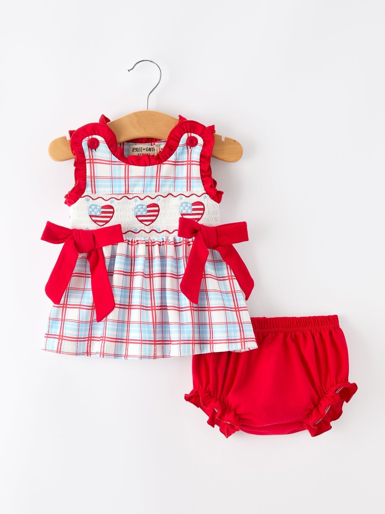 4th of July Plaid Bow Girls Set Smocked Puff Sleeve Top Bloomer - Abbies Place