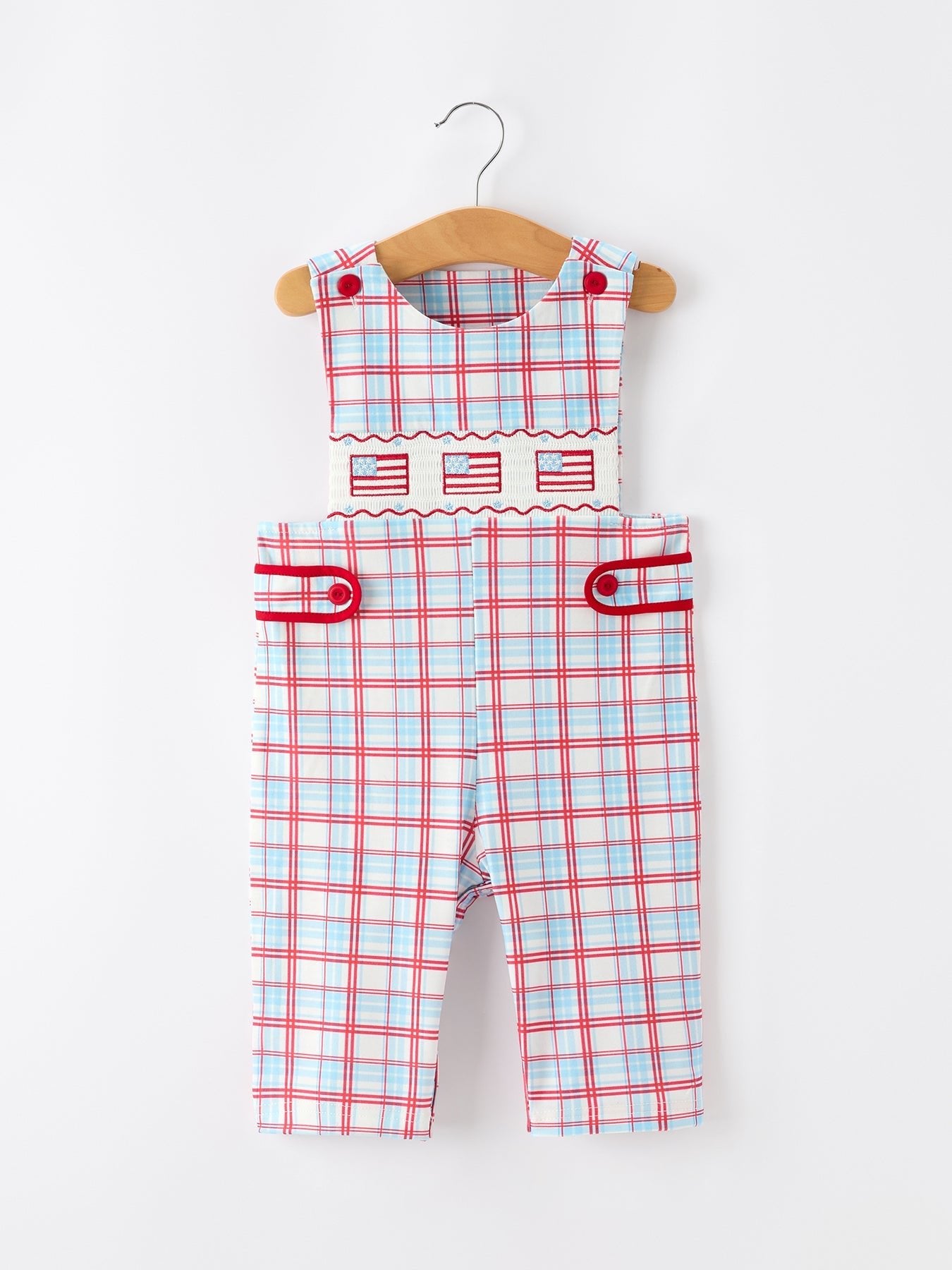 4th of July Plaid Boys Romper Smocked Flag Button Strap - Abbies Place
