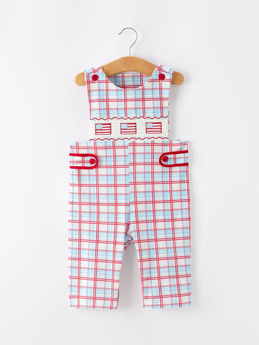 4th of July Plaid Boys Romper Smocked Flag Button Strap - Abbies Place