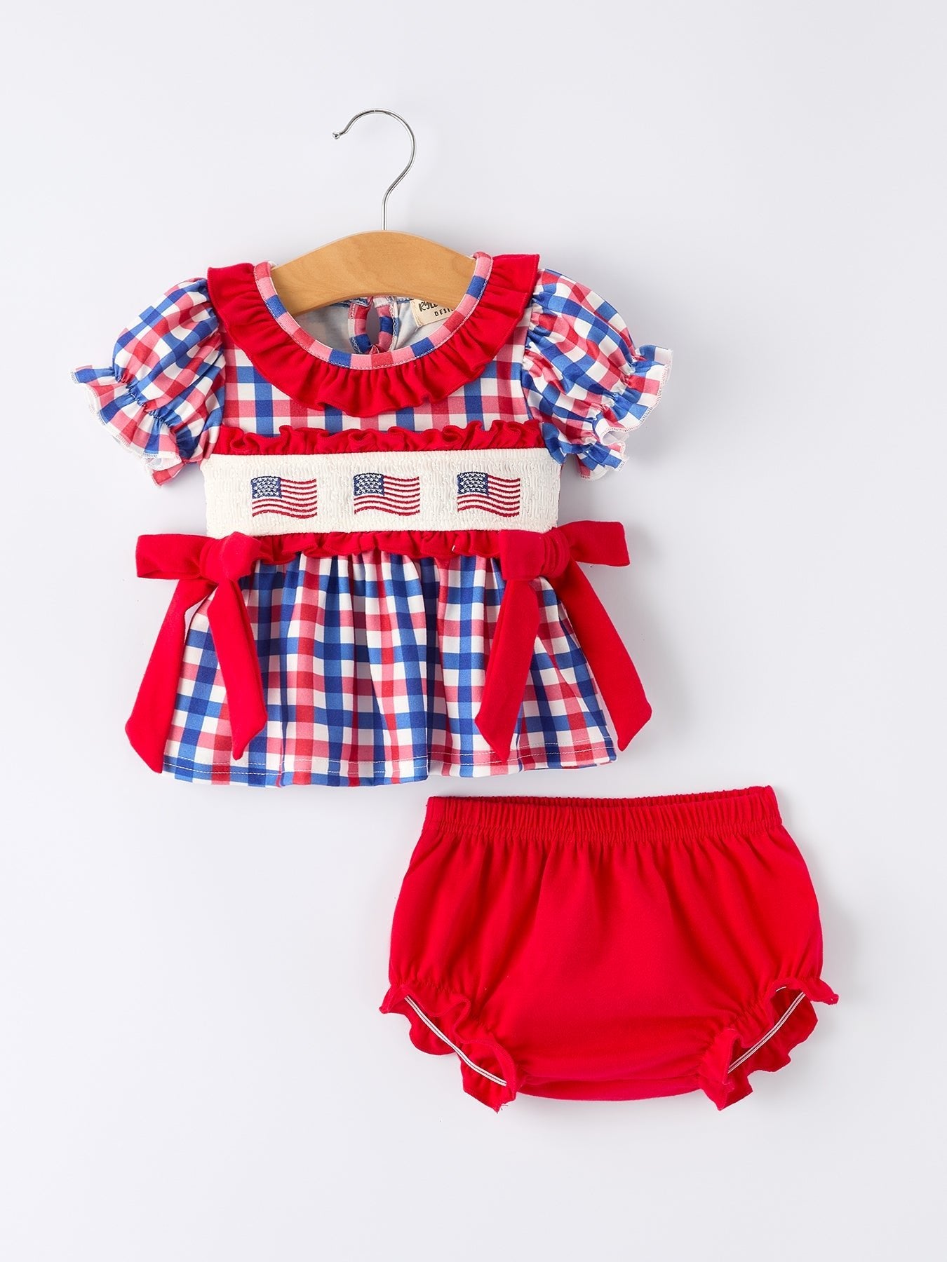 4th of July Plaid Flag Girl Bloomer Set With Bow - Abbies Place