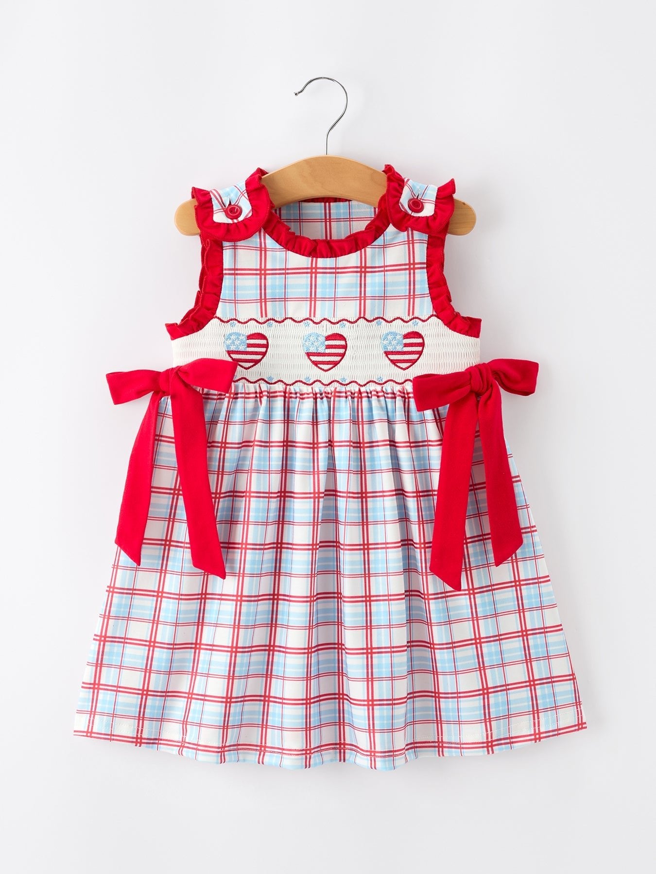 4th of July Plaid Flag Heart Girl Dress With Bow - Abbies Place