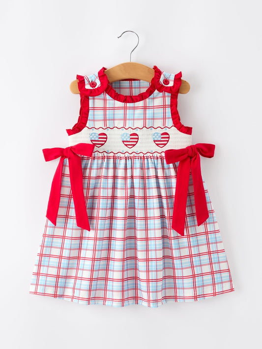 4th of July Plaid Flag Heart Girl Dress With Bow - Abbies Place