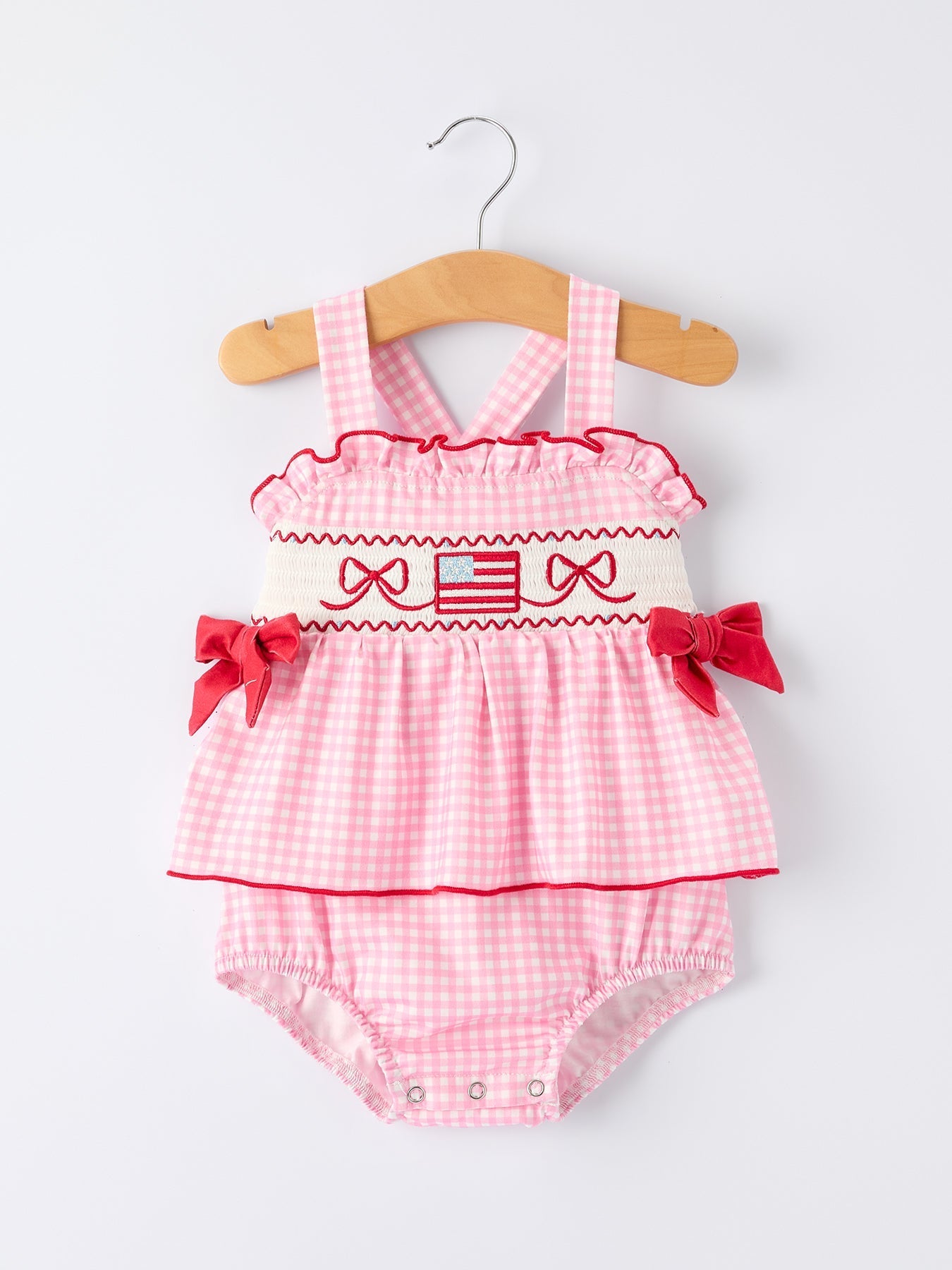 4th of July Plaid Girls Romper Bow Ruffle - Abbies Place