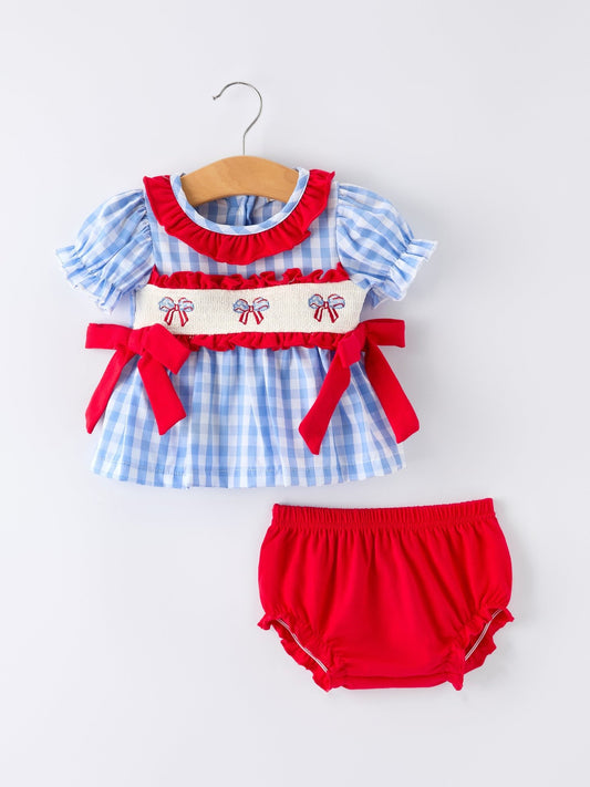 4th of july Plaid Smocking Girls Bloomer Set - Abbies Place