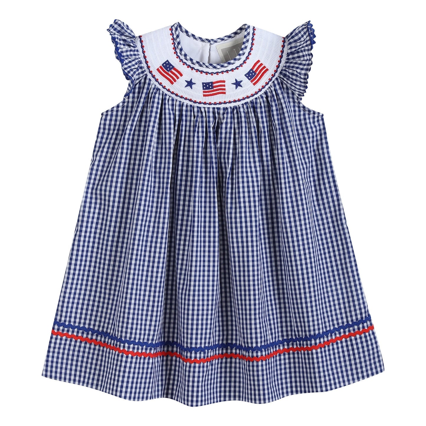 4th of July Royal Blue Gingham American Flag Smocked Bishop Dress - Abbies Place