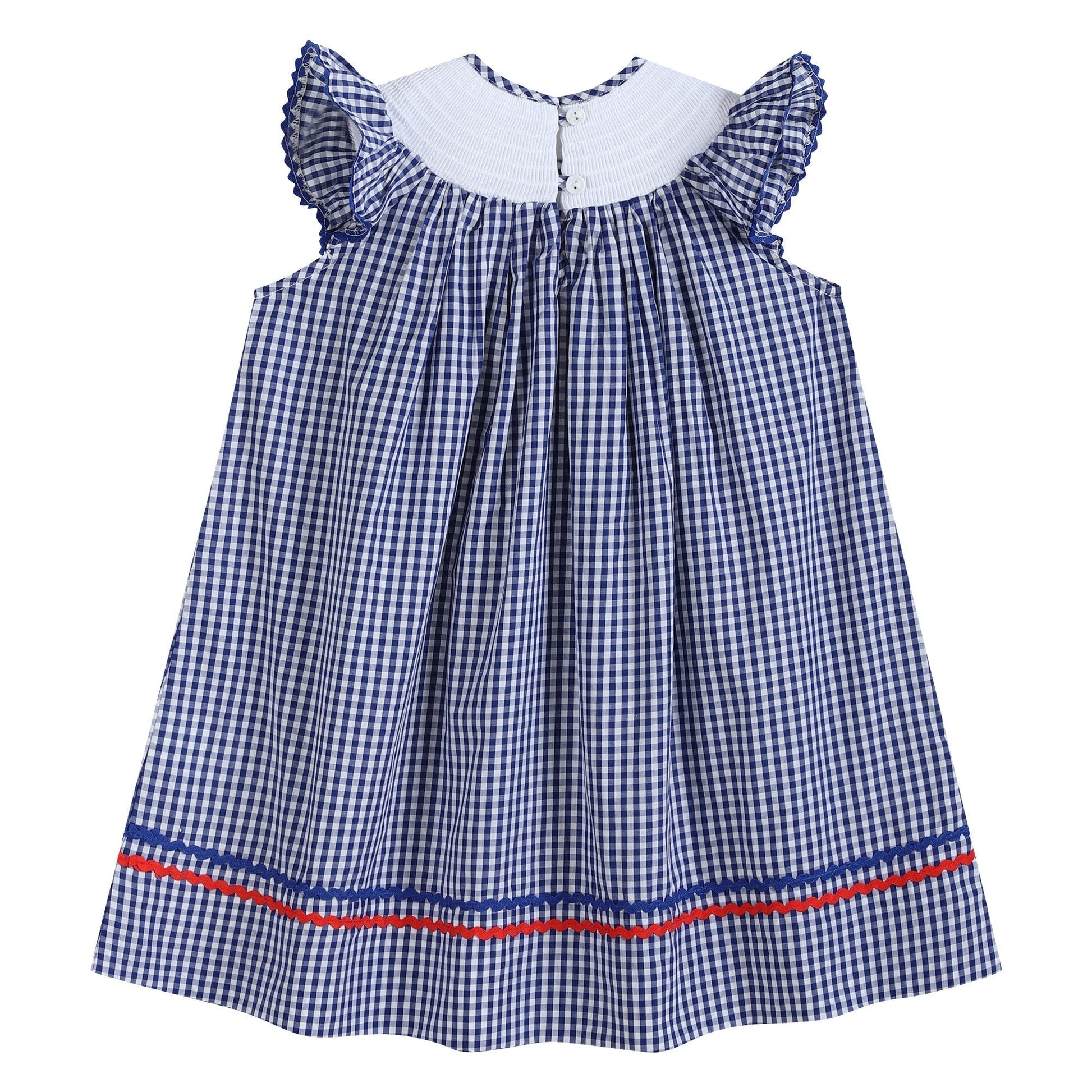 4th of July Royal Blue Gingham American Flag Smocked Bishop Dress - Abbies Place