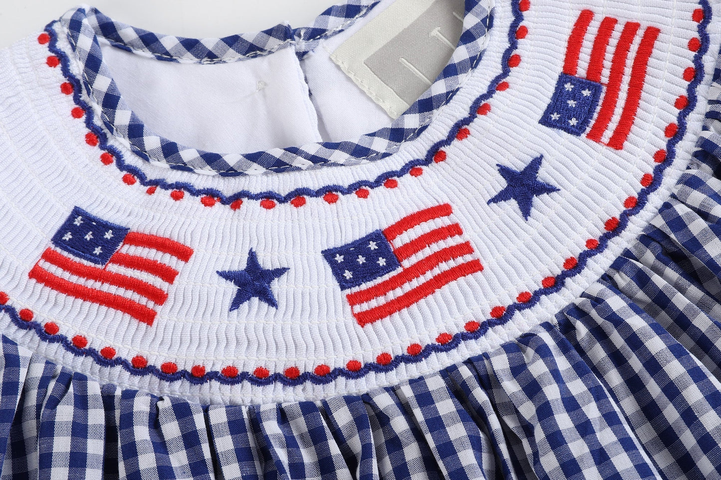 4th of July Royal Blue Gingham American Flag Smocked Bishop Dress - Abbies Place