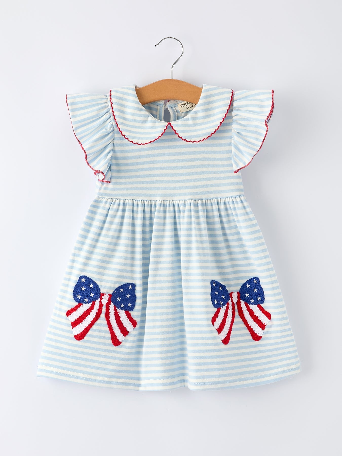 4th of July Stripe Girls Dress Bow Peter Pan Collar - Abbies Place