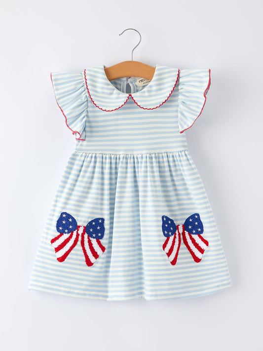 4th of July Stripe Girls Dress Bow Peter Pan Collar - Abbies Place