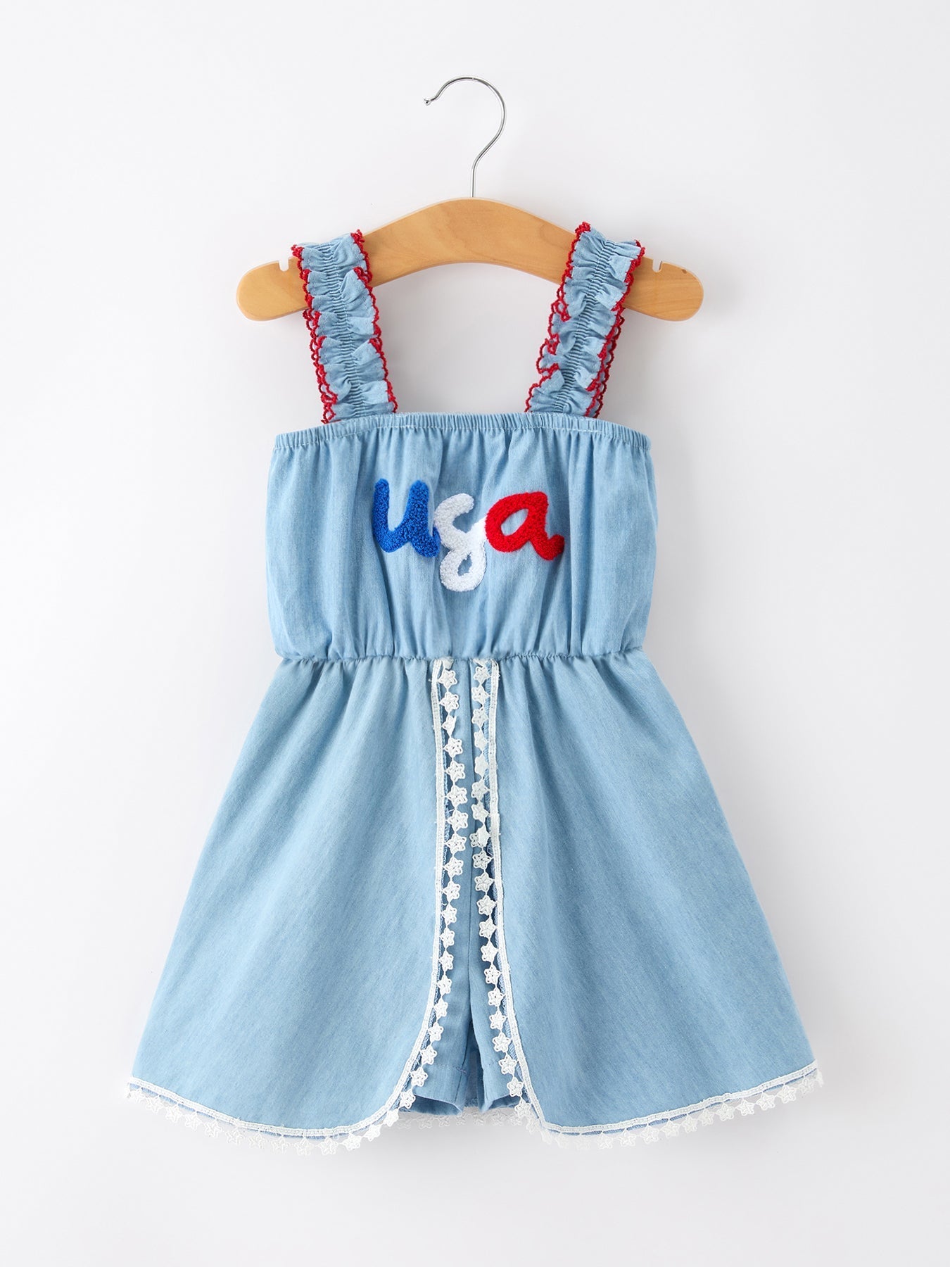 4th of July USA Chenille Girls Romper Dress Denim Lace Trim - Abbies Place
