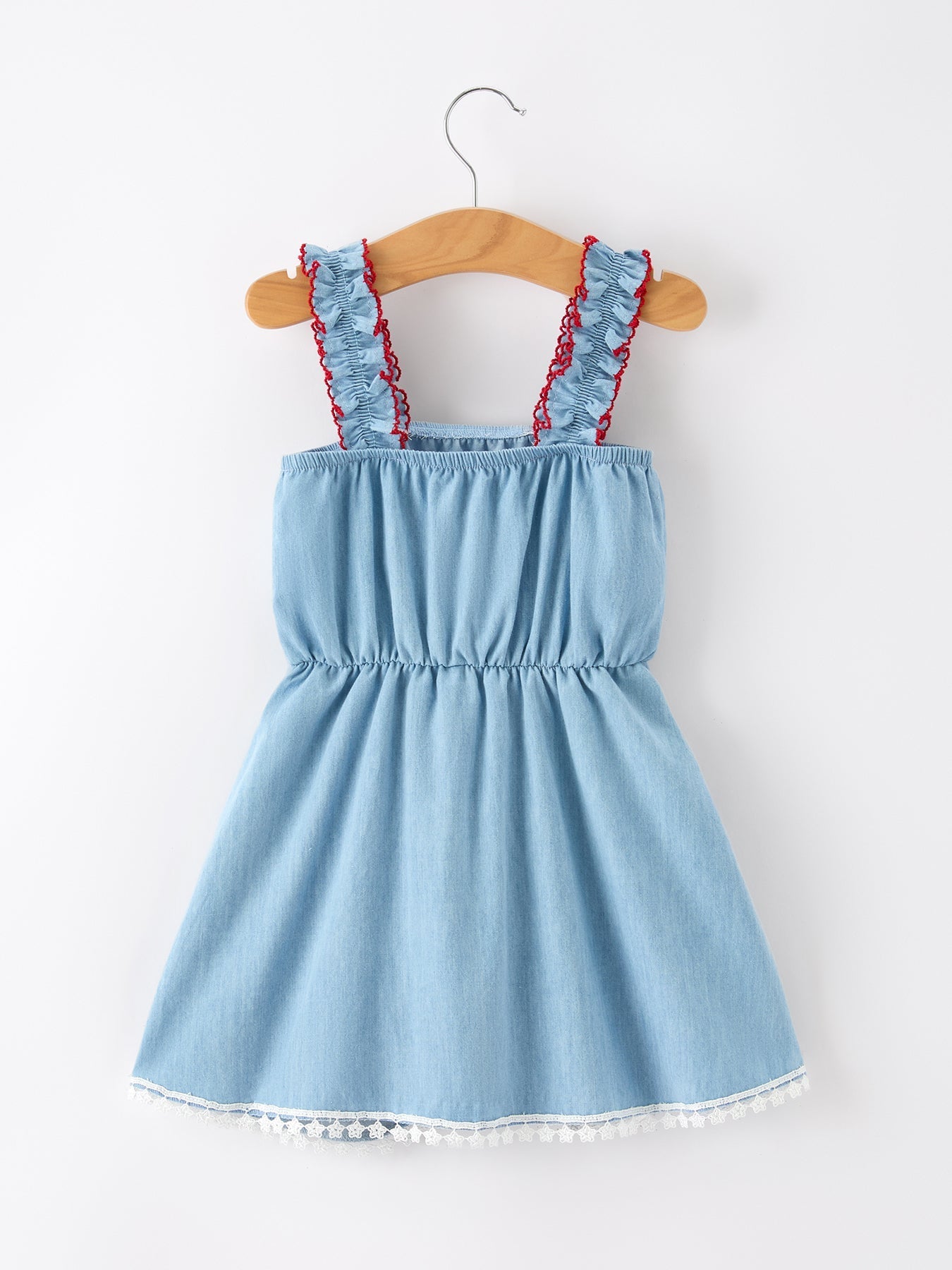 4th of July USA Chenille Girls Romper Dress Denim Lace Trim - Abbies Place