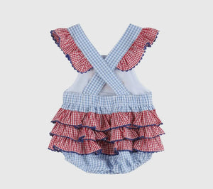 Light Blue and Red Gingham USA Flag Ruffle Romper - Image #2