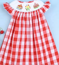 Load image into Gallery viewer, Smocked Amusement Park Red Large Check Bishop Dress - Image #2
