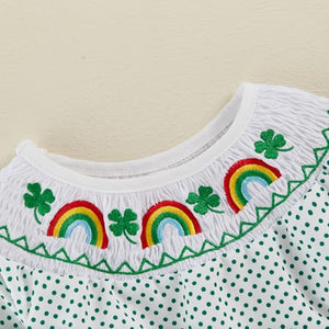 Baby Toddler Girl St Patricks Day Bodysuit Clover Rainbow Long Sleeve Dot Print Bodysuit with 3D Bows Spring Irish Clothes (Style 8, 6-12 Months)