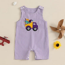 Load image into Gallery viewer, Lamuusaa Newborn Baby Girl Boy Mardi Gras Outfit Sleeveless Plaid Mardi Gras Dog/Truck Embroidery Romper Jumpsuit 0-18M (Purple, 3-6 Months)
