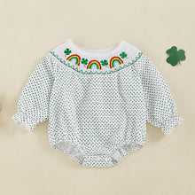 Load image into Gallery viewer, Baby Toddler Girl St Patricks Day Bodysuit Clover Rainbow Long Sleeve Dot Print Bodysuit with 3D Bows Spring Irish Clothes (Style 8, 6-12 Months)
