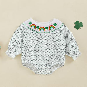 Baby Toddler Girl St Patricks Day Bodysuit Clover Rainbow Long Sleeve Dot Print Bodysuit with 3D Bows Spring Irish Clothes (Style 8, 6-12 Months)