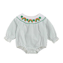 Load image into Gallery viewer, Baby Toddler Girl St Patricks Day Bodysuit Clover Rainbow Long Sleeve Dot Print Bodysuit with 3D Bows Spring Irish Clothes (Style 8, 6-12 Months)
