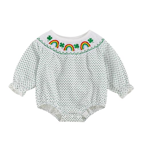 Baby Toddler Girl St Patricks Day Bodysuit Clover Rainbow Long Sleeve Dot Print Bodysuit with 3D Bows Spring Irish Clothes (Style 8, 6-12 Months)