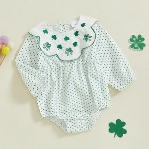 Thorn Tree Baby Girl St. Patrick's Day Clothes Green Romper Elastic Sleeve Side Button Closure Spring Newborn Bodysuit (Clover White Romper, 3-6 Months)