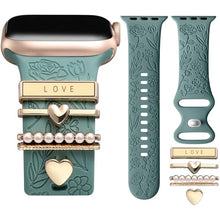 Load image into Gallery viewer, Flower Engraved Silicone Band Compatible with Apple Watch Bands for Women 40mm 38mm 41mm 42mm 44mm 45mm 46mm 49mm,Soft Band with Decorative Charms for iWatch Series 10 9 8 7 6 5 4 3 2 1 SE
