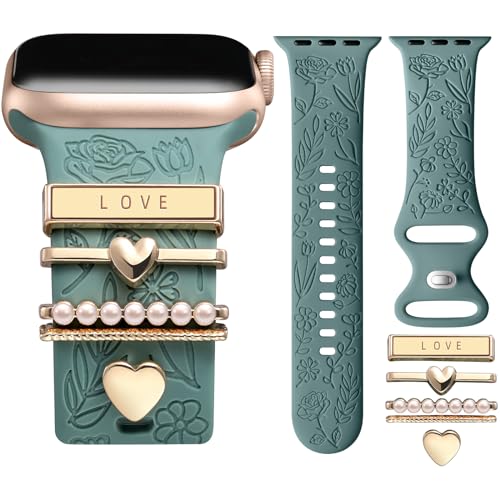 Flower Engraved Silicone Band Compatible with Apple Watch Bands for Women 40mm 38mm 41mm 42mm 44mm 45mm 46mm 49mm,Soft Band with Decorative Charms for iWatch Series 10 9 8 7 6 5 4 3 2 1 SE