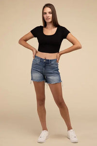 Mid Rise Raw Frayed Hem Denim Shorts - Image #2