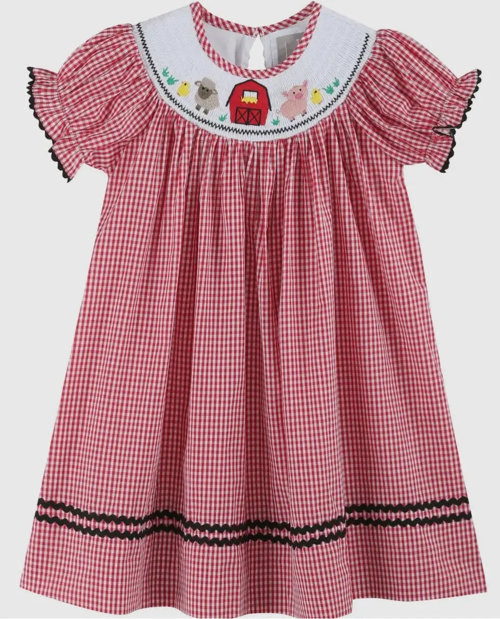 Preorder ETA 7/15-8/15 Red Gingham Barn Animals Smocked Dress - Image #1