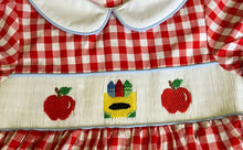 Load image into Gallery viewer, Ready to ship-Back To School Crayons And Apples Hand Smocked Gingham Girls Dress - Image #6
