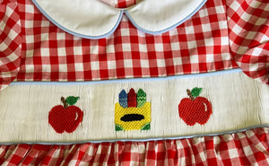 Ready to ship-Back To School Crayons And Apples Hand Smocked Gingham Girls Dress - Image #6