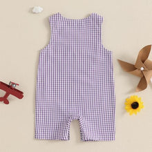 Load image into Gallery viewer, Lamuusaa Newborn Baby Girl Boy Mardi Gras Outfit Sleeveless Plaid Mardi Gras Dog/Truck Embroidery Romper Jumpsuit 0-18M (Purple, 3-6 Months)
