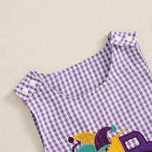 Load image into Gallery viewer, Lamuusaa Newborn Baby Girl Boy Mardi Gras Outfit Sleeveless Plaid Mardi Gras Dog/Truck Embroidery Romper Jumpsuit 0-18M (Purple, 3-6 Months)
