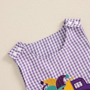 Lamuusaa Newborn Baby Girl Boy Mardi Gras Outfit Sleeveless Plaid Mardi Gras Dog/Truck Embroidery Romper Jumpsuit 0-18M (Purple, 3-6 Months)