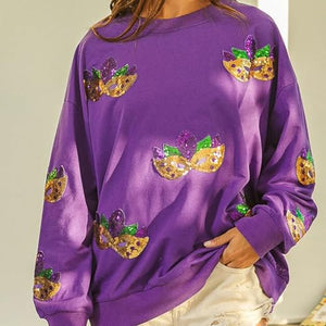 Fidiiog Womens Mardi Gras Sweatshirt Carnival Sequin Masks Graphic Shirt Crewneck Long Sleeve Loose Pullover Tops Purple Medium