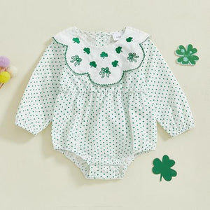 Thorn Tree Baby Girl St. Patrick's Day Clothes Green Romper Elastic Sleeve Side Button Closure Spring Newborn Bodysuit (Clover White Romper, 3-6 Months)