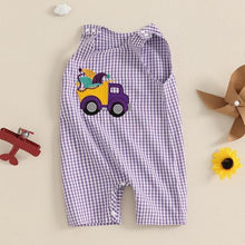 Load image into Gallery viewer, Lamuusaa Newborn Baby Girl Boy Mardi Gras Outfit Sleeveless Plaid Mardi Gras Dog/Truck Embroidery Romper Jumpsuit 0-18M (Purple, 3-6 Months)
