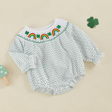 Load image into Gallery viewer, Baby Toddler Girl St Patricks Day Bodysuit Clover Rainbow Long Sleeve Dot Print Bodysuit with 3D Bows Spring Irish Clothes (Style 8, 6-12 Months)
