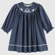 Preorder ETA 8/15-9/15-Navy Blue Nativity Long Sleeve Smocked Bishop Dress - Image #1